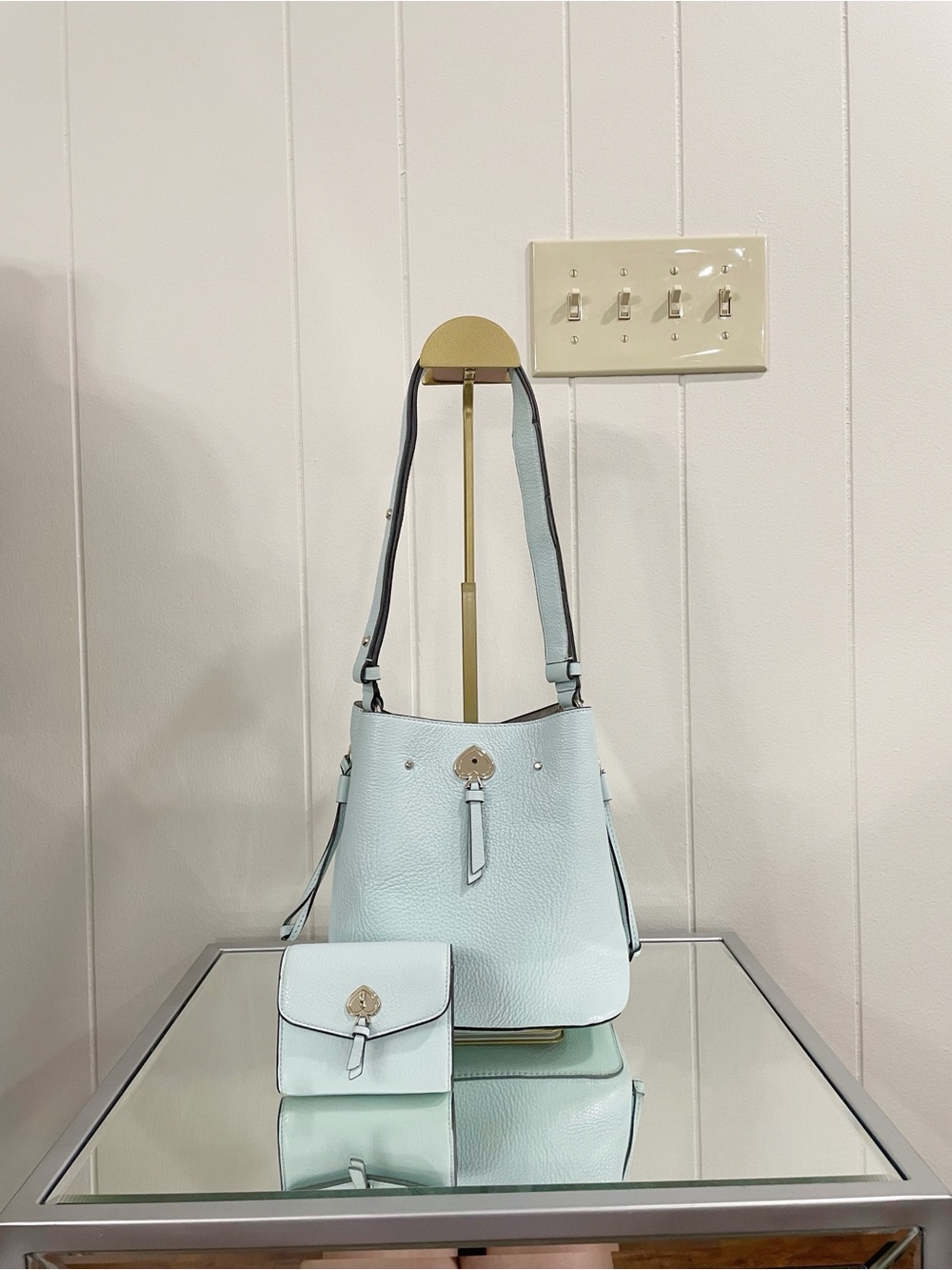 Light Blue Kate Spade Leather Bucket Bag with Matching Wallet